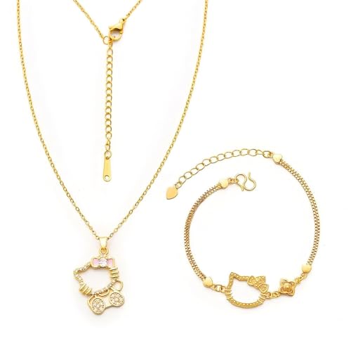 Cute Gold-Plated Necklace Bracelet Set, Cat Bow Pendant with Simulated Diamonds and Pearls, Adjustable Chain for Women,Kawaii Gift Jewelry (Gold)