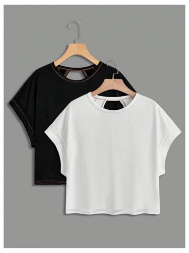 Girl's 2 Packs Open Back Backless Tops Criss Cross Short Sleeve T Shirts Crewneck Casual Tees2