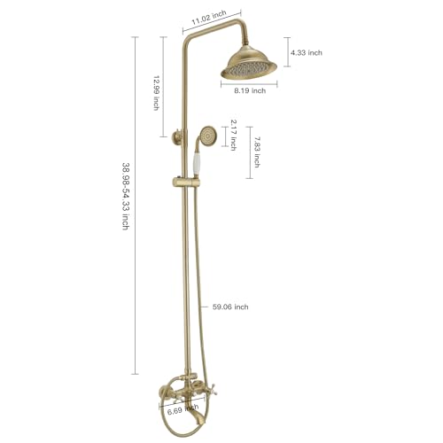 Bathfinesse Gold Outdoor Shower Faucet, Exposed Pipe Shower, Bathroom Shower Faucet, 3 Function High Pressure Rainfall Head & Tub Spout, Double Knobs Cross Handle, Wall Mounted, Brushed Gold