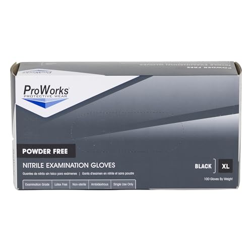 Proworks GL-N145FX 5 mil Powder-Free Nitrile Exam Disposable Gloves, Medical Grade, Black, X-Large, Box of 100