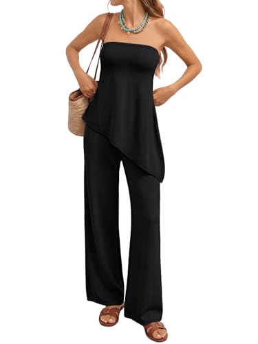 LILLUSORY Two Piece Lounge Sets for Women Going Out 2026 Asymmetrical Summer Comfy Matching Clothing with Tube Top Knit Sweater Loungewear Dressy Travel Beach Vacation Outfits Resort Wear Black M