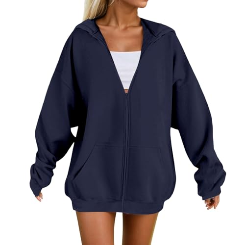 KIKX0DE Women Zip Up Hoodies Lightweight Oversized Sweatshirts Loose Fit Ladies Long Sleeve Solid Jackets