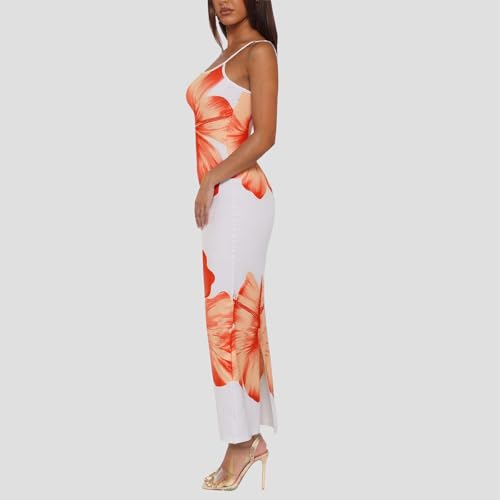 Image of Womens Summer Casual Floral Dresses Spaghetti Strap Bodycon Maxi Beach Dress Elegant Evening Party Long Dresses