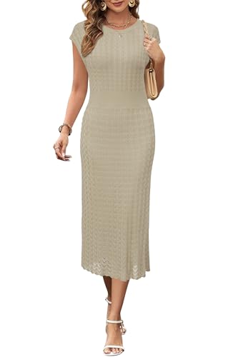 Image of Newshows Women's Hollow Slim Summer Fall Church Work Casual Sweater Dress | Machine Washable Knit Sweater Fabric, Hollow Design, Bell Sleeve, Business Casual, Church Teacher Outfits, Modest Dress