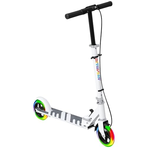 AIYAPLAY Patinete Plegable para Niños de 3-8 Años, Patinete Infantil de 2 Ruedas con LED Luces, Manillar de 4 Altura Ajustable, Freno Posterior y de Mano, Blanco