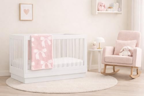 Image of L+L USA DreamSoft Bow Baby Blanket for Girls - Soft Knit Stroller, Crib & Car Seat Blanket - Cozy Neutral Nursery Throw for Newborns, Infants & Toddlers - White /Pink