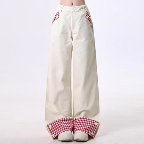 LAFOURAM Petite Jeans for Women 5 FT Short Wide Leg Baggy Trending Coquette Plaid Patchwork Denim Pants3