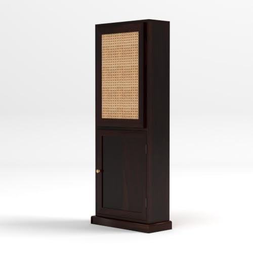 Image of Sheesham Wood Foldable Study Table with Bookshelf & Storage Cabinet | Cane Panel Writing Desk (Walnut Finish)
