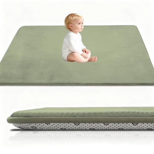 Murzoeky Coral Velvet Baby Play Mat, 3CM Thick Baby Crawling Mat Nursery Rug for Crawling & Playing 200 x 300 cm Grass Green for Bedroom with Non-slip Backing, Nursery Babies Mats for Floor Play