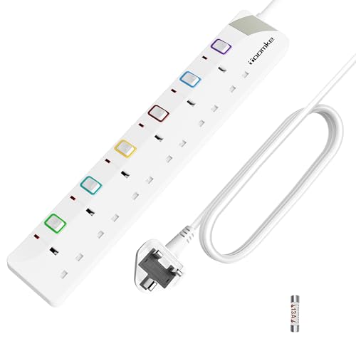 10M Extension Lead with Individual Switches and Indicator Lights, 6 Way Multi Plug Power Strip 10 Meter Long Extension Cord UK Plug 13A 3250W for Home Office