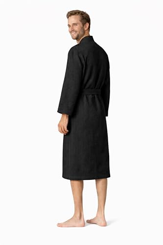 Image of Turkish Linen Men's Waffle Bathrobe Lightweight Kimono Spa Robe - Quick Dry Bath & Shower Robe for Men with Pockets