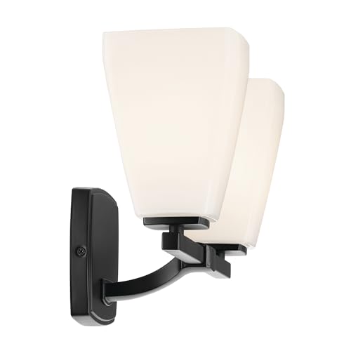 Image of Kichler Marant 2-Light Bathroom Vanity Light Fixture with Opal Glass, 14.25 inch Modern Wall Sconce in Black for Over Mirror, Powder Room (14.25 inch W x 9.5 inch H), 55215BK