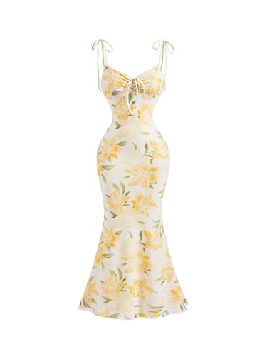 Image of Milumia Women's Floral Tie Knot Mesh Cami Dress Boho Ruched Bust Fishtail Long Dresses