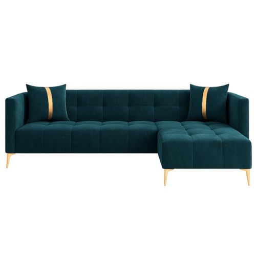 Image of Furny Styling 4 Seater Fabric RHS L Shape Sofa Set (Greenish Teal) | Soft Velvet Fabric | Modern Design | Comfortable Seating | Living Room Furniture
