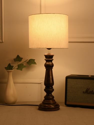 Image of Green Girgit Classic Wooden Lamp in Walnut Brown Color with Jute White Shade, Farmhouse Table Lamp with Wooden Base, Cream Fabric Shade, Traditional Style (LED Bulb Included)