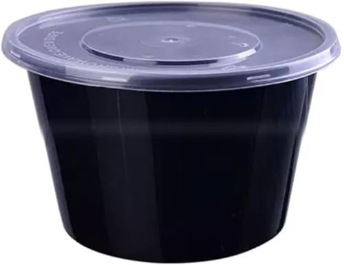 HongzyFirm丸型使い捨てランチボックス テイクアウト ファーストフードボックス 黒 プラスチックランチボックス 蓋付き フルーツボックス 食品保存容器 漏れ防止 ピクニック 50個 (1000ml)