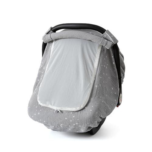 Image of Muslin Cotton Baby Car Seat Covers - Breathable Mesh Window Canopy for Babies - Windproof, Summer (Gray)