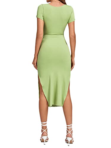 Image of LYANER Women's Twist Front Cut Out Split Hem V Neck Short Sleeve Knit Bodycon Midi Dress