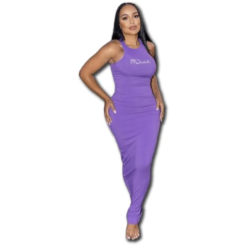 Ribbed Bodycon Maxi Dress, Women's Sleeveless Long Dress, Purple