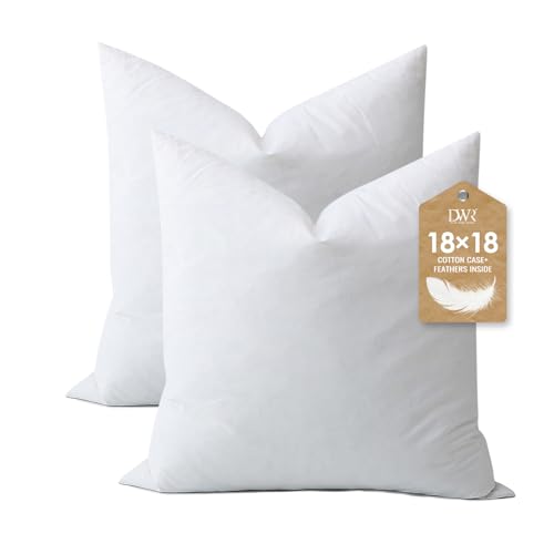 DWR Set of 2 Feather Down Throw Pillow Inserts 18x18 with Organic Cotton Cover, Feather Square White Decorative Pillow Inserts for Bed, Sofa, and Couch