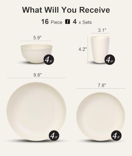 Image of Quatish 16 Piece Plates and Bowls Sets for 4, Unbreakable Dinnerware Sets, Plastic Dish Set for Camping, Dishwasher Microwave Safe, Outdoor Kitchen and Apartment Dorm Dinning RV Essentials, Beige