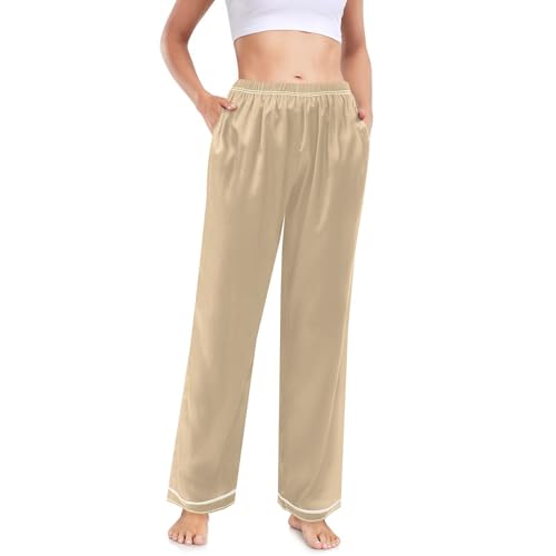 ODAWA Undefined Women Pajamas Pants Long Pajama Bottoms Women's Silk Satin Pants, Tan, XX-Large