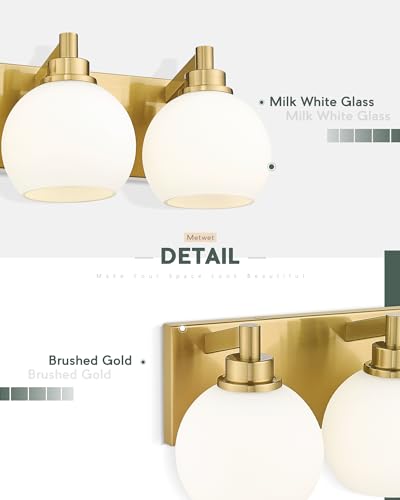 Image of Bathroom Light Fixtures, 3-Light Brushed Gold Vanity Light, Modern Wall Sconces with Milk White Globe Glass Shade, Vanity Lighting Fixtures Over Mirror, VL195-BG-ML-3