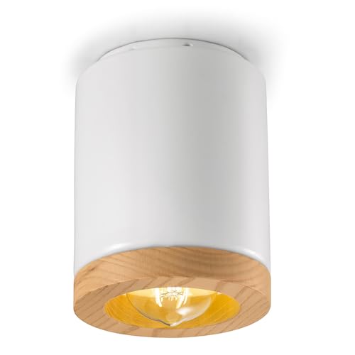 Plafonnier cylindrique rétro E27 en bois blanc vernis pour éclairage intérieur