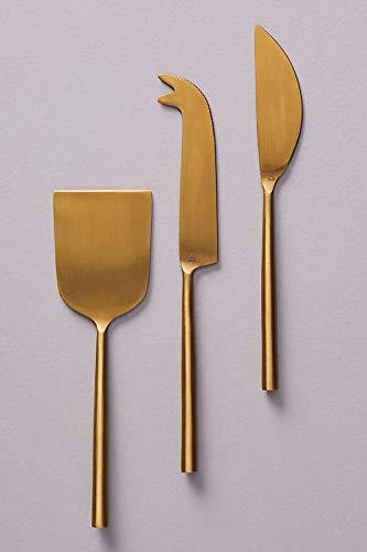 Navvi Stain Less Steel Cheese Set with Brass Finish Dessert Serving Spoon Set of 3 for Dining Table Dinnerware Serveware