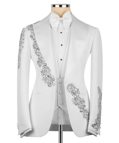 Men's Beads Suit Slim Fit White Luxury Sequins Floral Tuxedo Blazer Jacket for Wedding Party Prom Peaked Lapel2