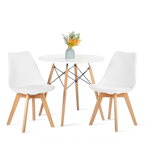 H.J WeDoo Juego de mesa y sillas redondas para comedor, mesa blanca con 2 sillas blancas para comedor, cocina, sala de estar