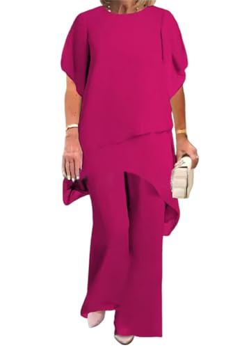 Conjunto de dos piezas de vestido de noche elegante de gasa y tul para mujer blusa y pantalón de talla grande para bodas cócteles festivales gasa pantalones anchos de pierna (La Rosa Roja,3XL)