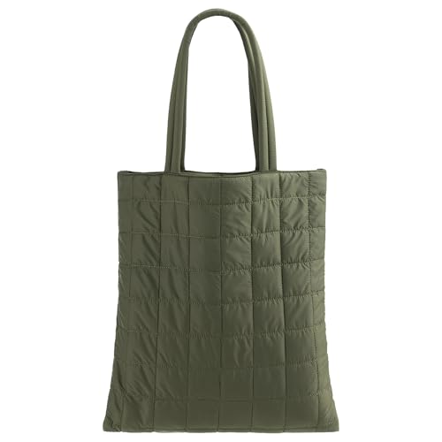 Imagen de Navaris Bolso Acolchado Unisex Puffer Tote Bag para Hombre y Mujer Bolsos Acolchado Unisex para Trabajo Oficina Clase Universidad Correa de Hombro Verde Oliva
