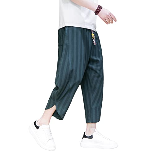 Doslavida Men's Casual Elastic Waist Linen Capri Pants Wide Leg Baggy Cotton Harem Yoga Trousers Loose Patchwork Shorts #TOP2