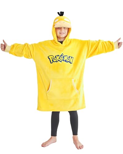 Pokémon Sweat à Capuche Oversize Enfant, Pikachu Sweat Plaid Polaire Chaud, Poche Kangourou, Pull Poncho Hiver (Jaune Psyduck)