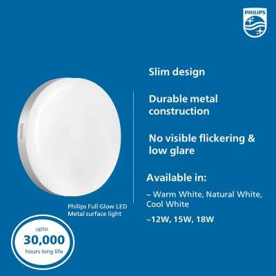 Image of Philips Full Glow 15W LED Surface Light | Rimless Round Metal Panel Light for Ceiling | Cool Day White Surface Mount | Durable 30,000 Hrs Life Ceiling Light for Room, Kitchen & Home Use