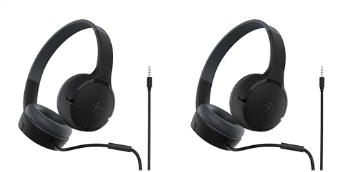 Belkin Casque Audio Filaire SoundForm Mini (pour Enfants, Circum-aural, Micro intégré, pour Apprentissage en Ligne, école, Voyage, Jeu, pour appareils dotés d'un Port Audio 3,5 mm, Noir) (Lot de 2)