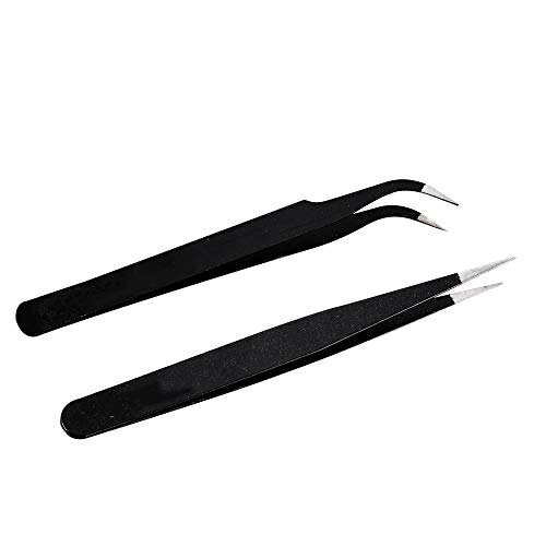 Olyee 2pcs Black Tweezers Stainless Steel Straight and Curved Tweezers Eyelashes Extension Eyebrow Pick Nail Rhinestone Beads Tool
