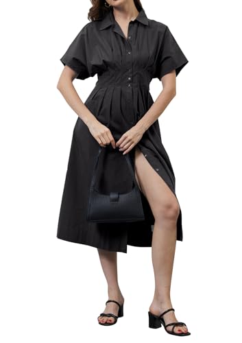 Image of calbatic Women Striped Button Down Pleated Shirt Dress Summer Short Sleeve Ruffle A Line Swing Long Blouse Midi Long Dress