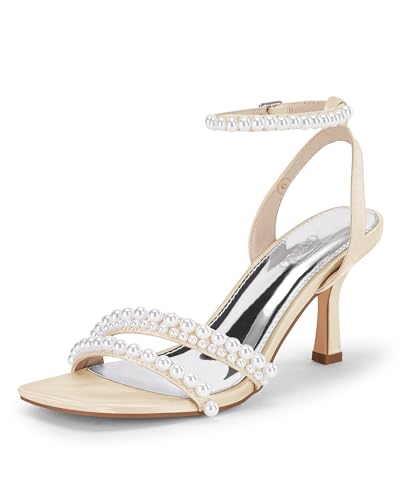Image of Coutgo Womens Pearl Kitten Heels Sandals Square Open Toe Dress Sandals Ankle Strap Satin Wedding Party Summer Sandals