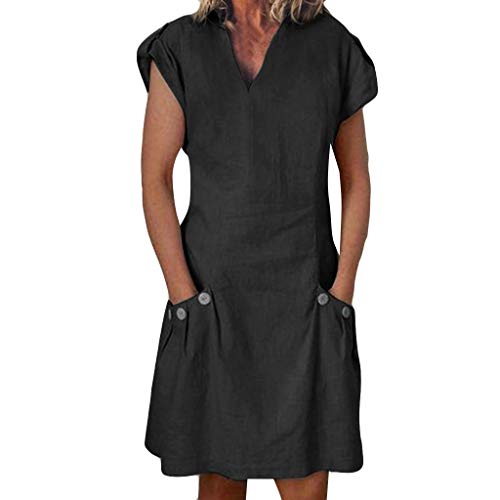 Sunnywill Women Dress, Sale! Women Casual Solid Ruffled Pockets V-Neck Shift Daily Buttoned-Decor Dresses Womens Elegant Nice Clothes Cocktail Dress Black