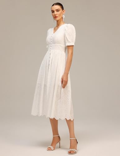 Embroidered Midi V Neck Puffed Sleeves Mesh Dress Button Front Scalloped Hem Cinched Waist Garden Party Dress4