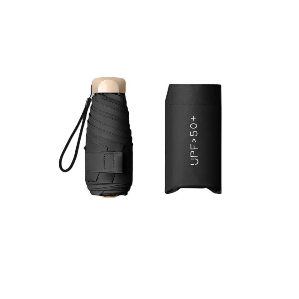 Mini Travel Sun Umbrella With Case, Small Compact UV Protection Umbrella for Sun and Rain, Lightweight Windproof Umbrella for Women Men Kids (Black)
