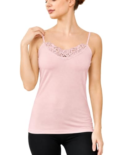Image of Womens Tank Top Camisoles with Premium Cotton Italian Design - Trimmed with Flower Lace on Neckline
