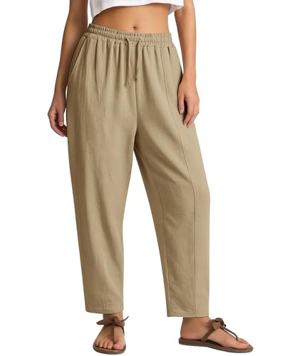 DIGIMAP Women's Casual Pants Lightweight with Pockets Stretchy Quick Dry Drawstring Elastic Waist for Summer Travel Workout Outdoor Khaki