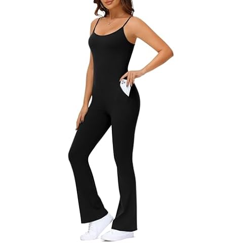 PHISOCKAT Flare Jumpsuits for Women with Pockets, One Piece Workout Jumpsuits for Women Bodycon Full Body Jumpsuit Cover