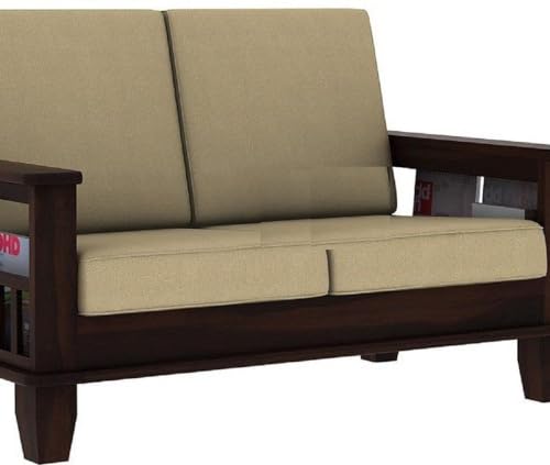 Image of Sheesham Wood 2 Seater Sofa for Living Room Home | Solid Wood 2 Seater Sofa | Wooden Two Sofa Set for Office Hall-Customer Side Self Assembly (DIY)(Walnut Finish, Cream Cushion)