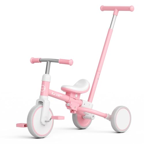 XJD Kleinkind Dreirad ab 1 2 3 Jahr, 5-in-1-Kleinkindfahrrad mit verstellbarem Schiebegriff, Laufrad, verstellbarem Sitz und abnehmbaren Pedalen, Geburtstagsgeschenk für Jungen und Mädchen (Rosa)