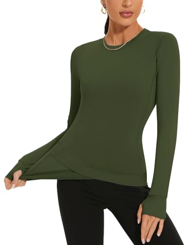 Akewei Compression Shirt Women Stretch Breathable Athletic Base Layer Top Long Sleeve Workout Running T-Shirt Army Green M cover