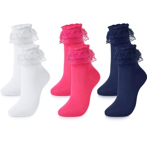 Geyoga 3 Pairs Women Heart Ruffle Socks Lace Frilly Ankle Comfortable Cotton Princess Lolita Socks for Ladies
